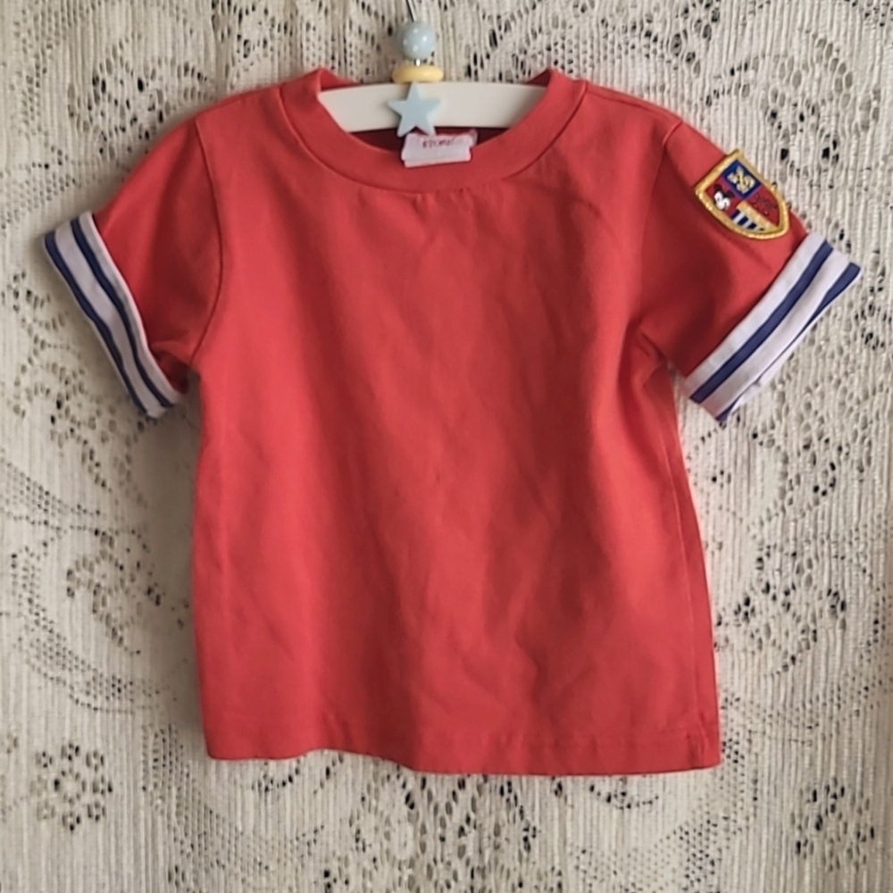 Vintage The DISNEY Store Red Kids Short Sleeve Shirt with Patch And Stripes